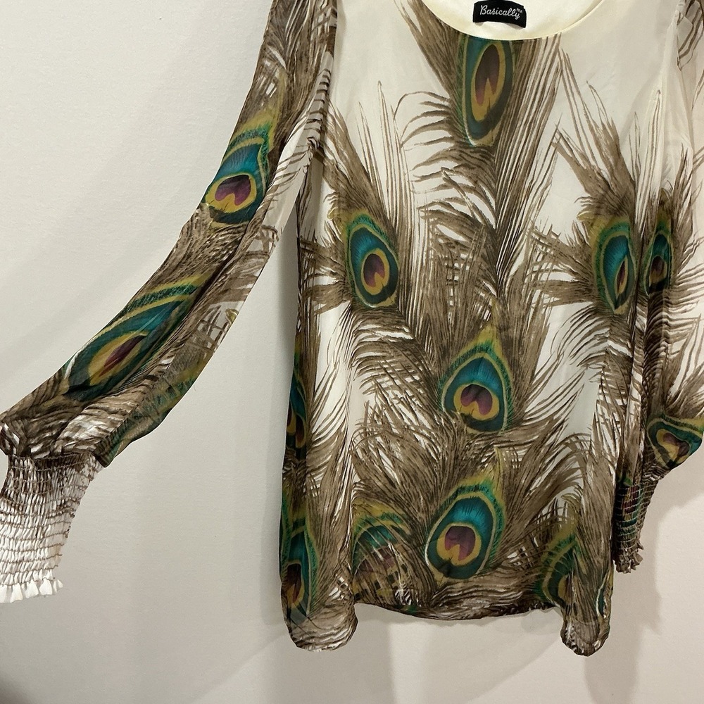 Basically Me Cream Peacock Feather Flowy Bell‎ Sleeve Dress Made In USA Size M